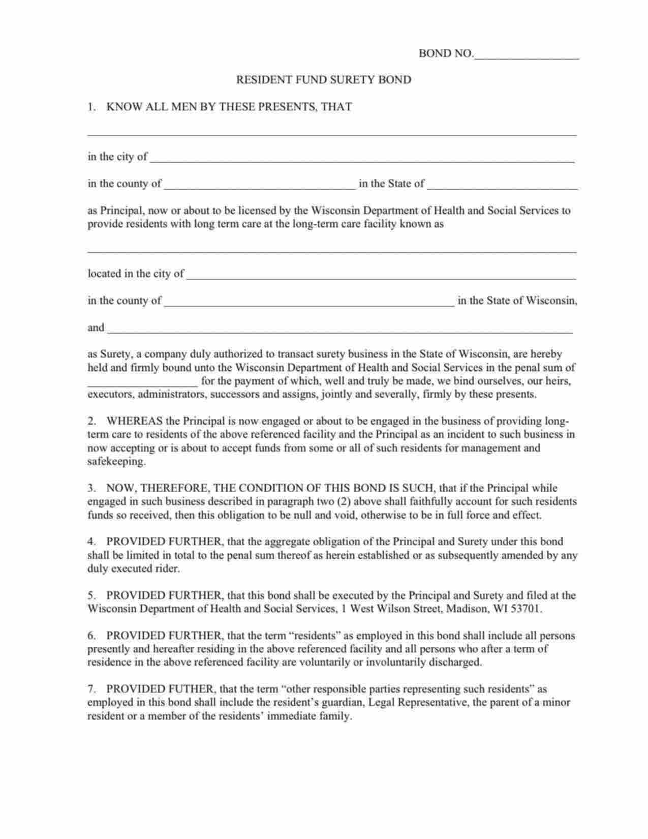 Wisconsin Long-Term Care Facility Resident Fund Bond Form