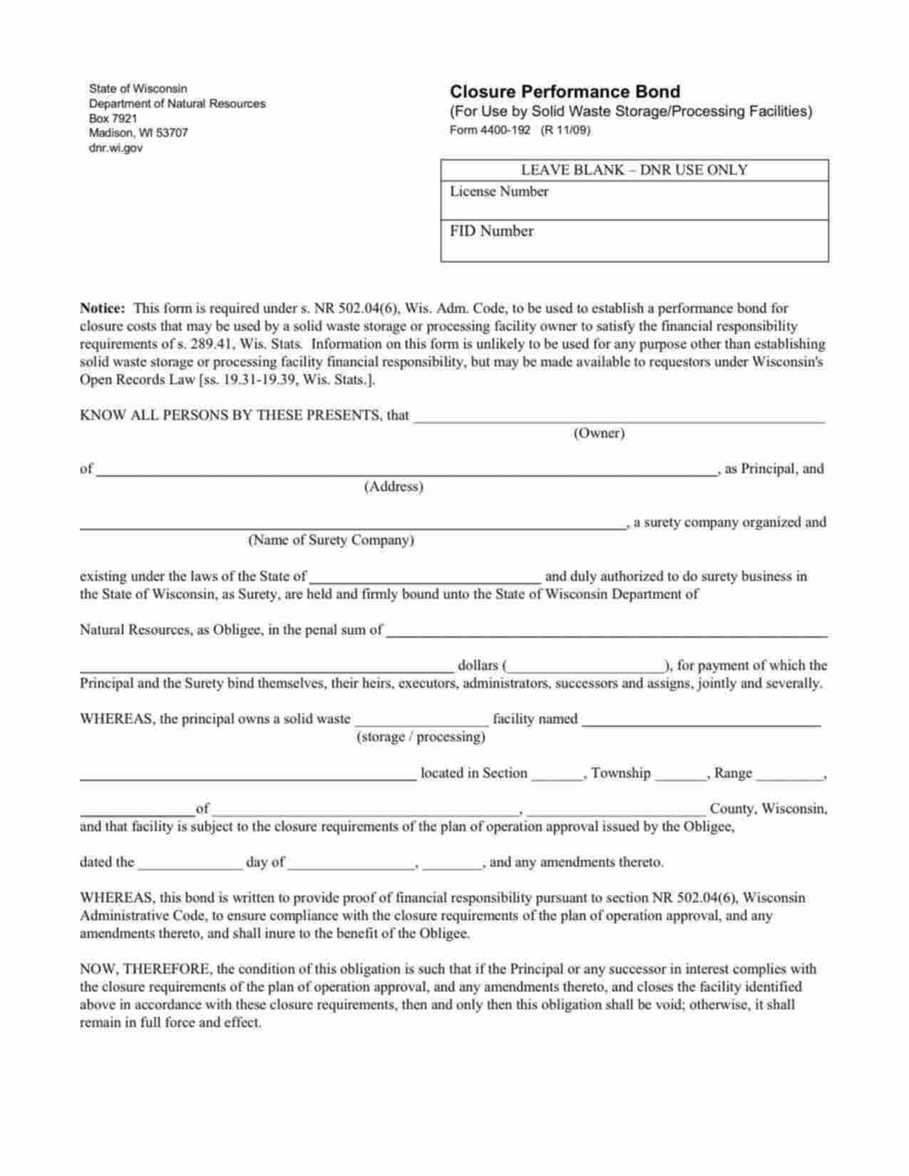 Wisconsin Solid Waste Storage/Processing Facilities Closure Performance Bond Form