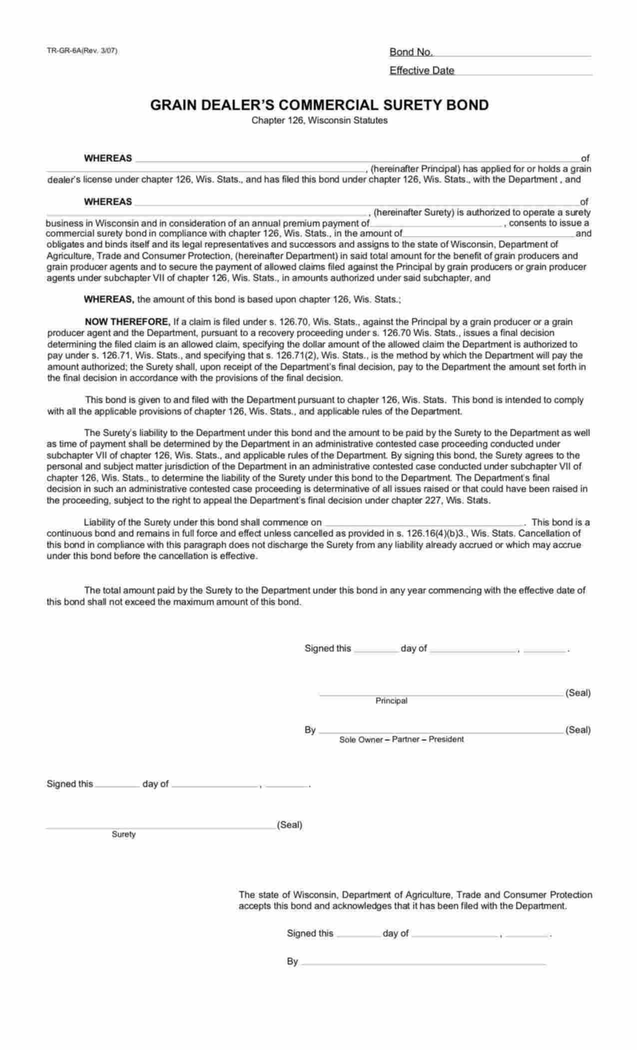 Wisconsin Grain Dealer Bond Form