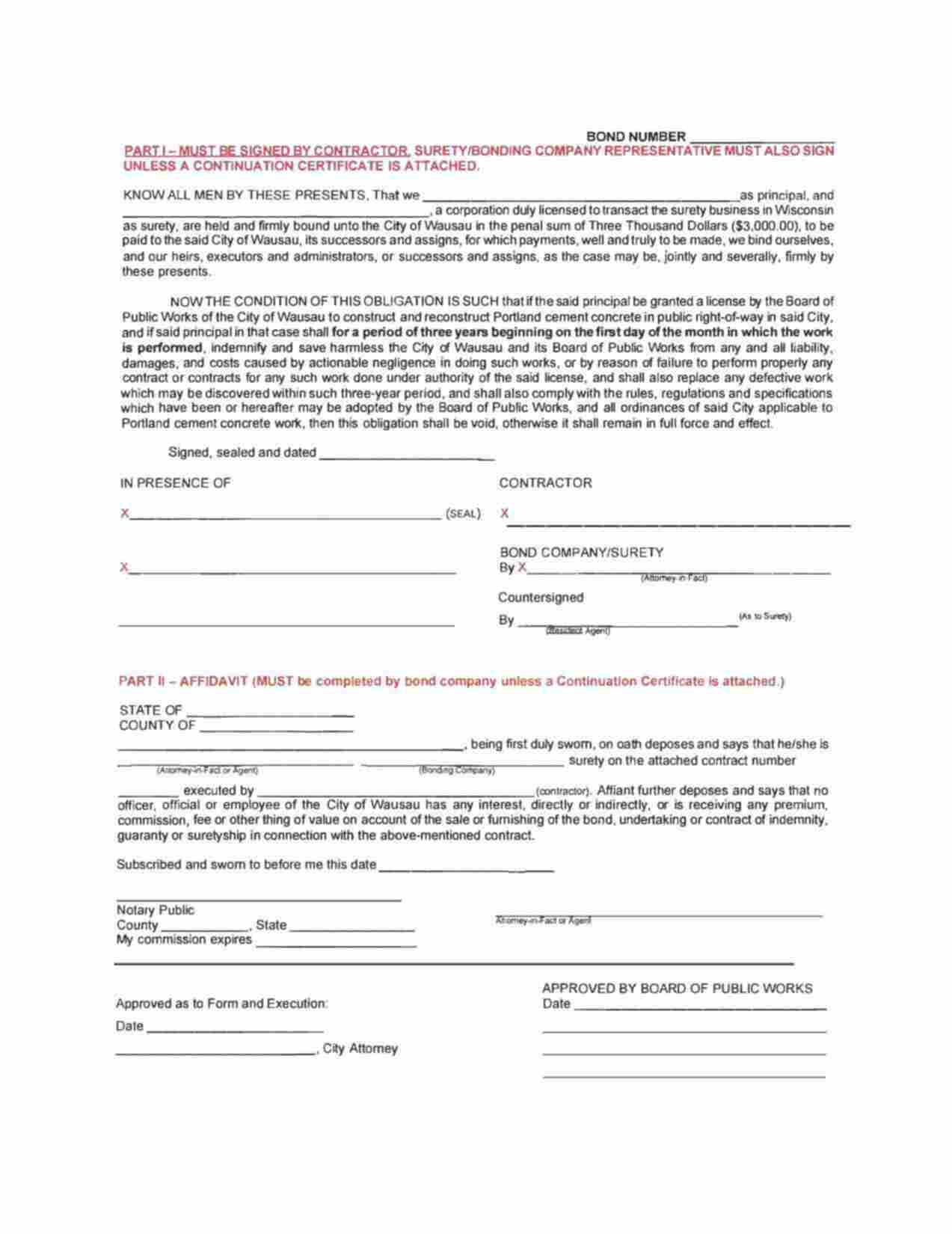 Wisconsin Concrete Right of Way Bond Form