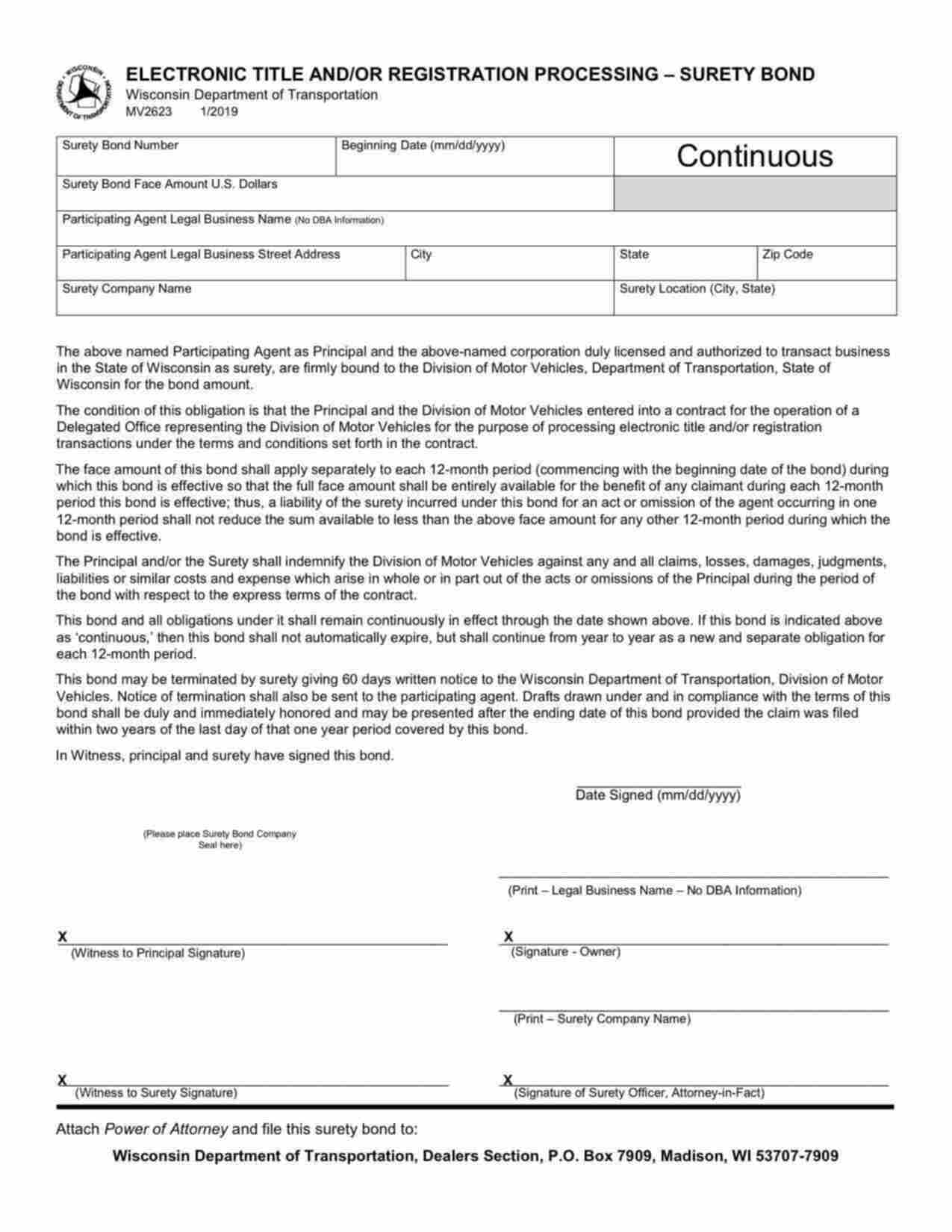 Wisconsin Electronic Title and/or Registration Processing Bond Form