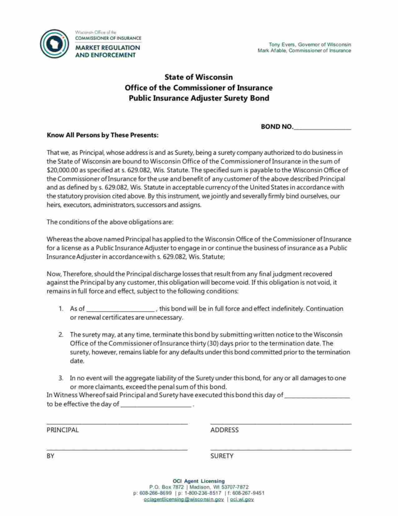 Wisconsin Public Insurance Adjuster Bond Form