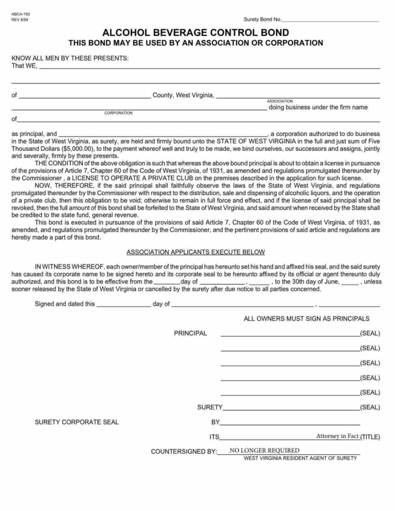 West Virginia Private Club Operator Bond Form