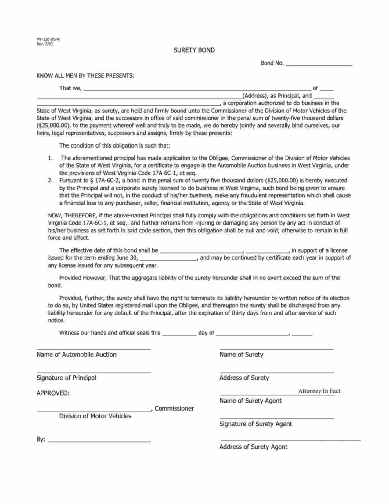 West Virginia Automobile Auction Bond Form