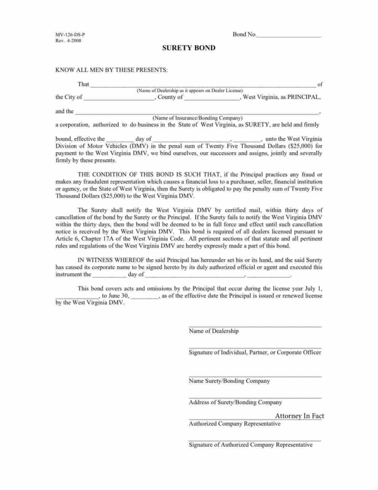 West Virginia Motor Vehicle Dealer Bond Form