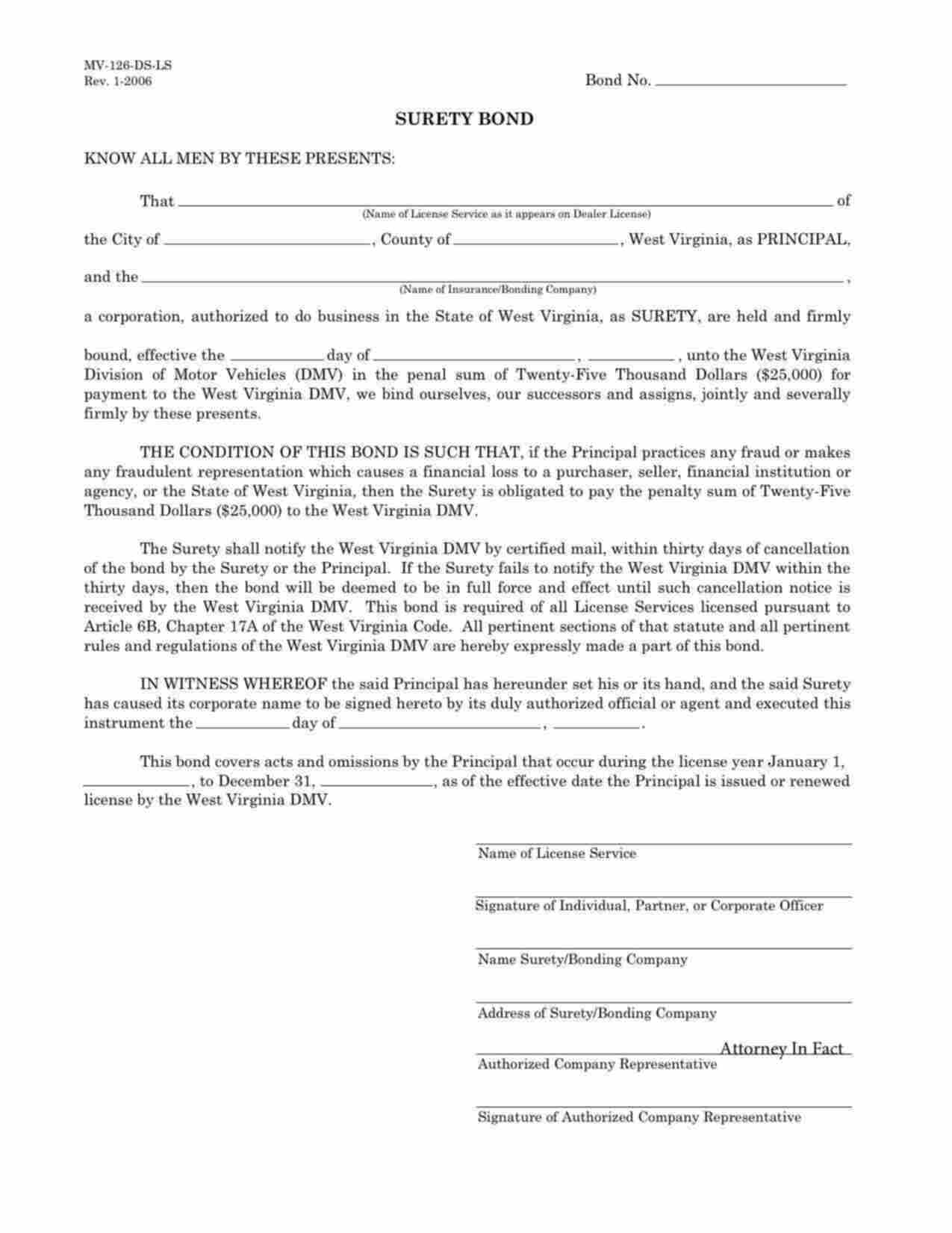 West Virginia Motor Vehicle License Service Bond Form