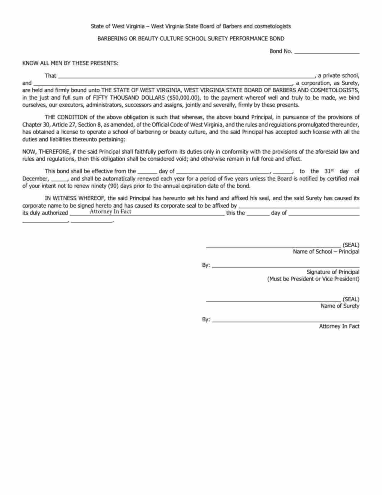 West Virginia Barbering or Beauty Culture School Bond Form