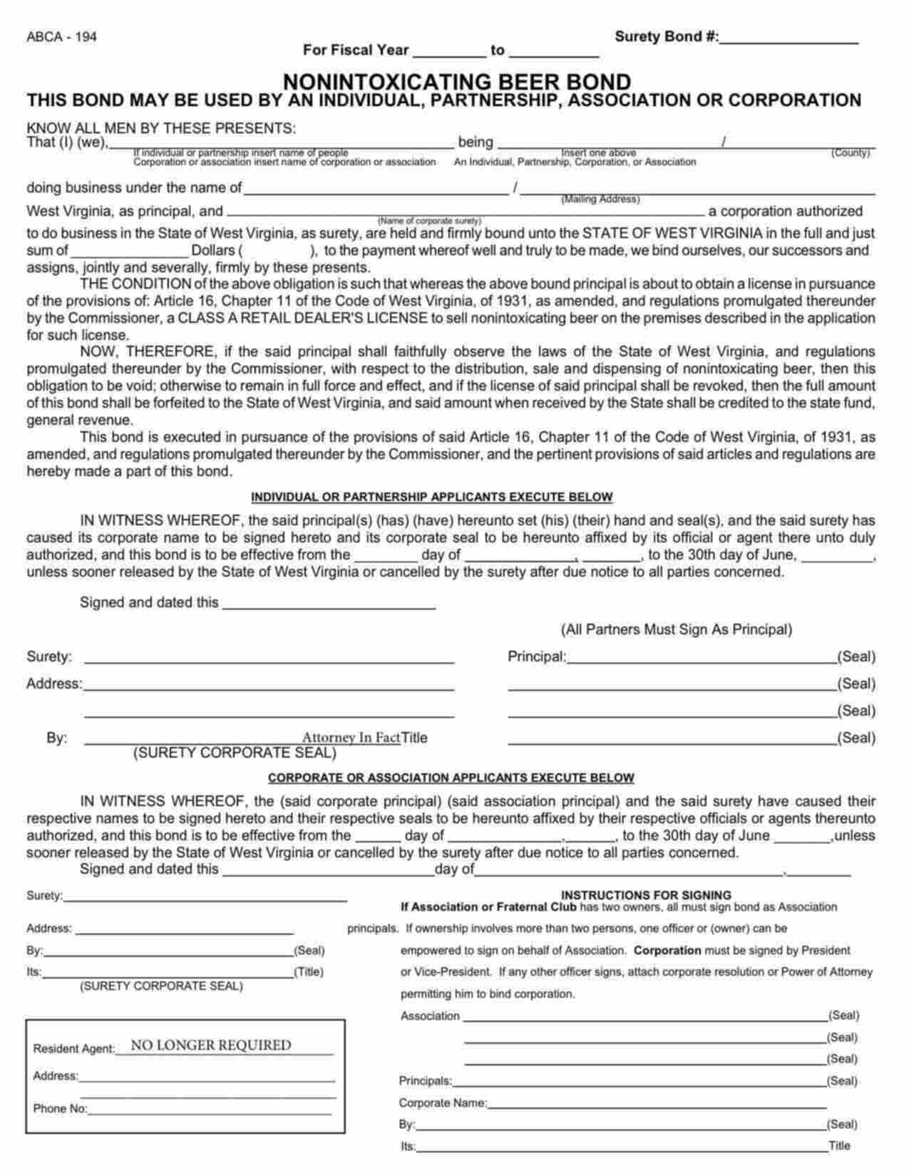 West Virginia Nonintoxicating Beer Class A Retail Dealer (Corporation) Bond Form