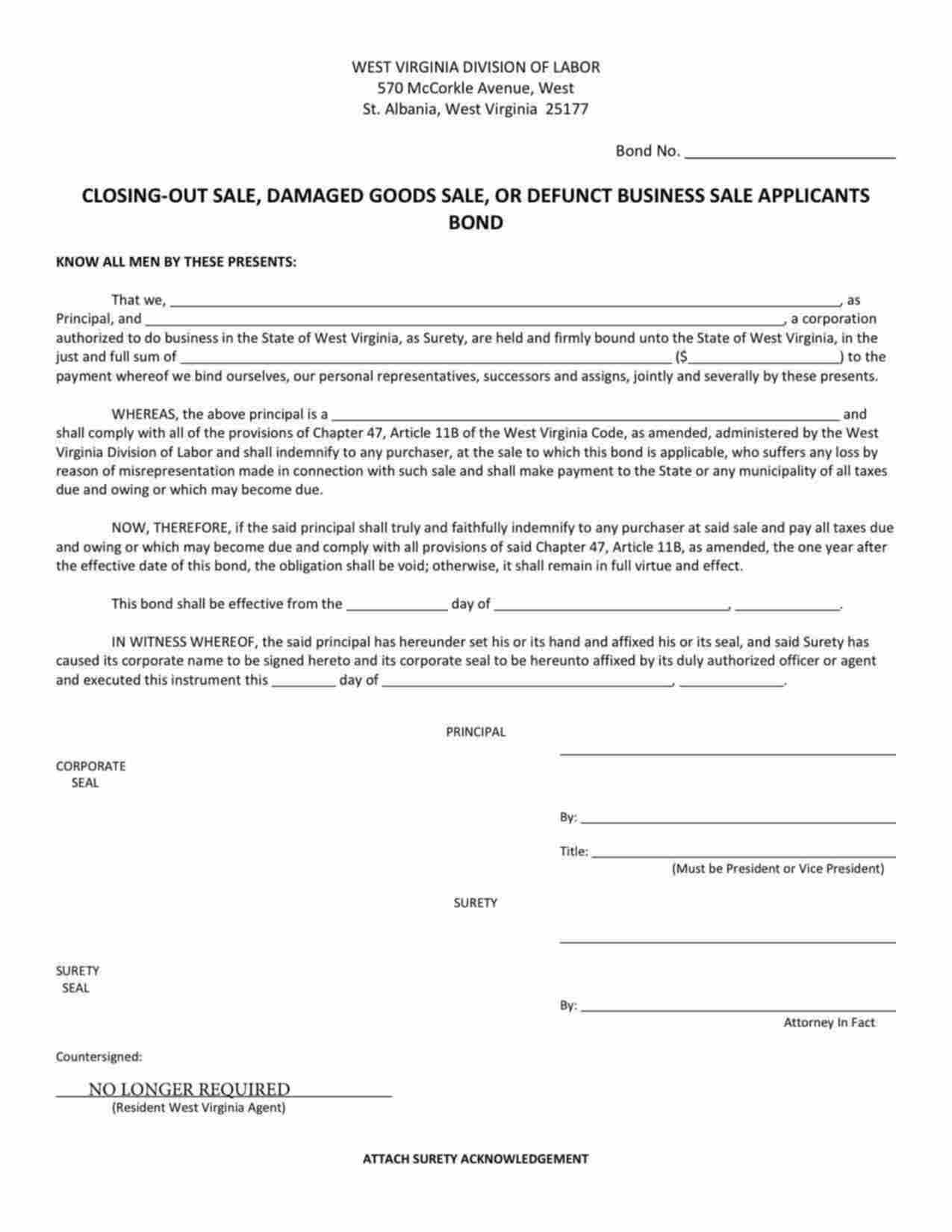 West Virginia Closing-Out Sale, Damaged Goods Sales, or Defunct Business Sale Bond Form