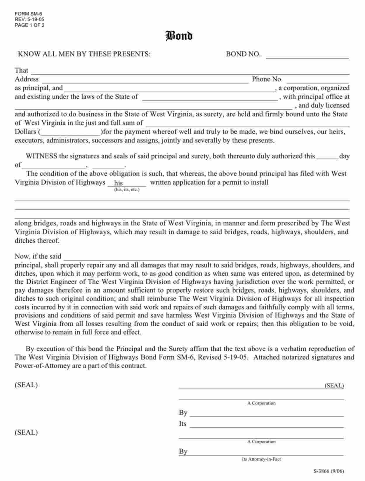 West Virginia Highway Encroachment Permit (Form SM-6) Bond Form