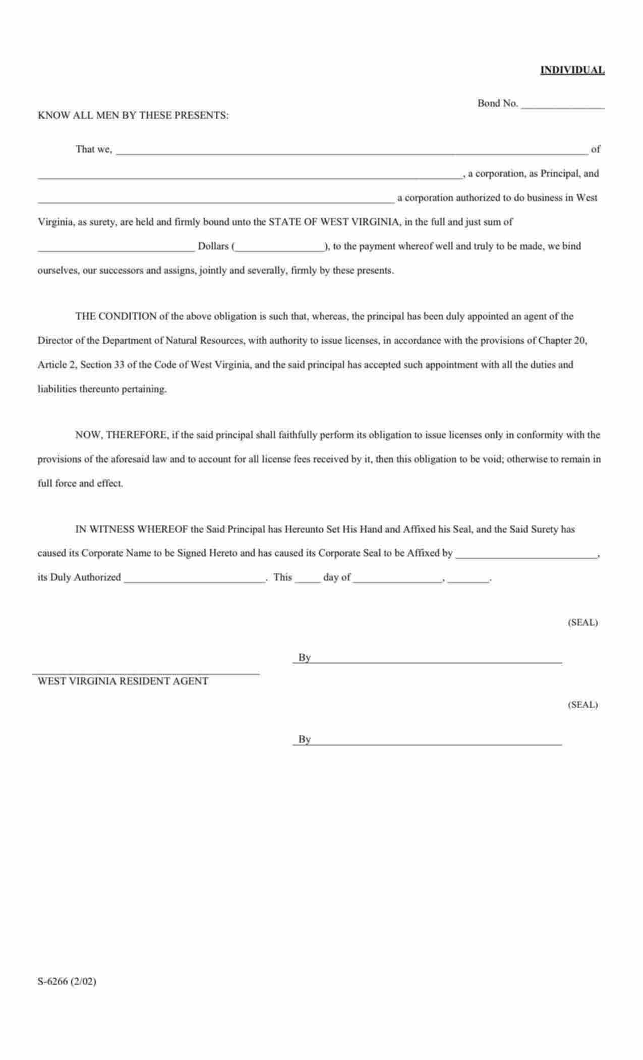 West Virginia Hunting/Fishing License (Individual) Bond Form