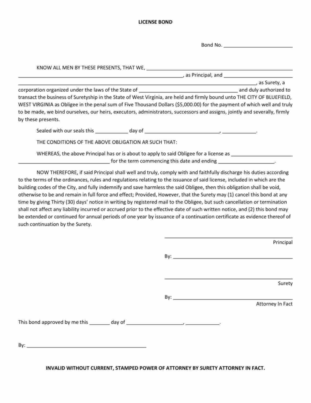 West Virginia License/Permit Bond Form