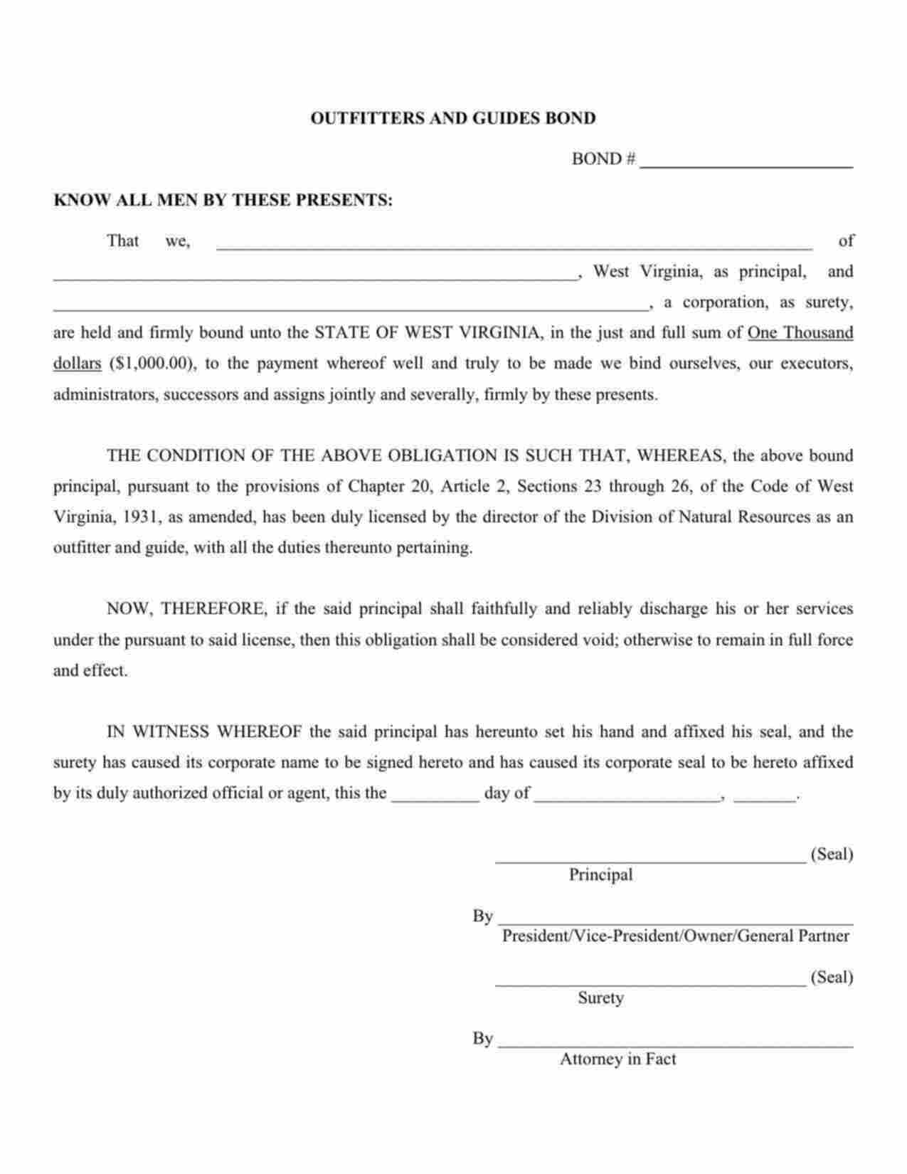 West Virginia Outfitters and Guides Bond Form