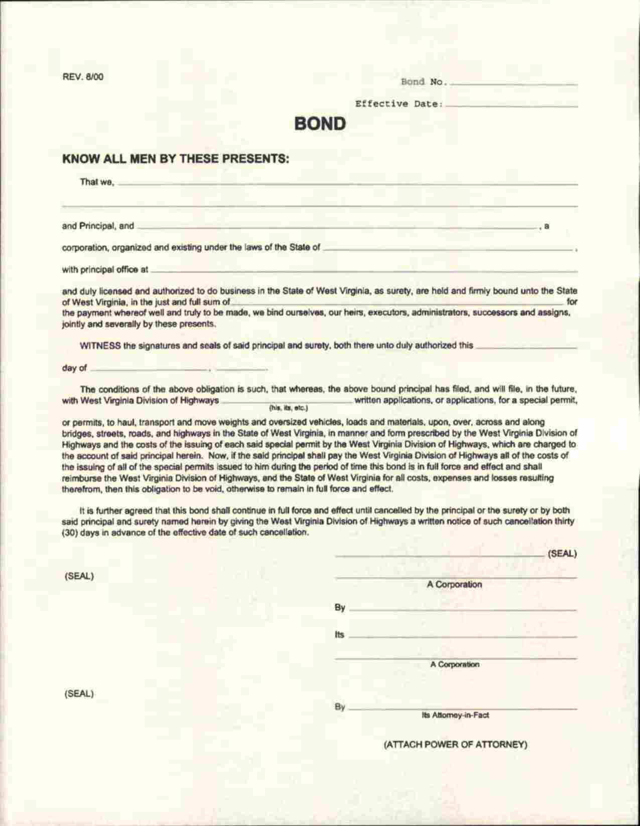 West Virginia Oversize and/or Overweight Hauling Permit Bond Form