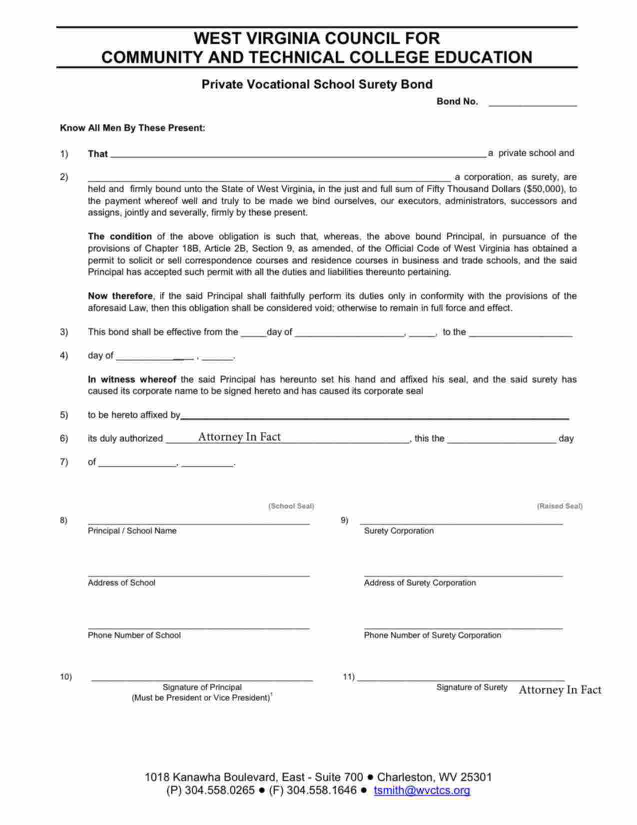 West Virginia Private Vocational School Bond Form