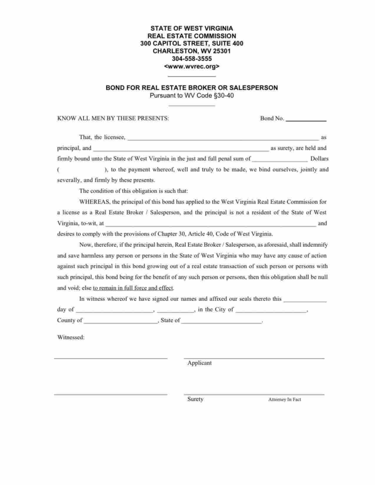 West Virginia Real Estate Broker or Salesperson Bond Form