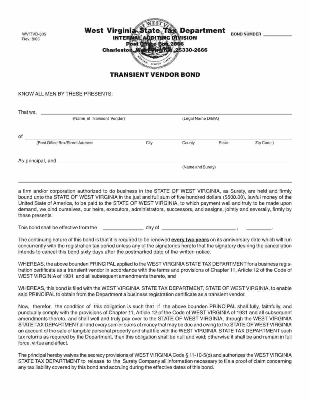 West Virginia Transient Vendor Bond Form