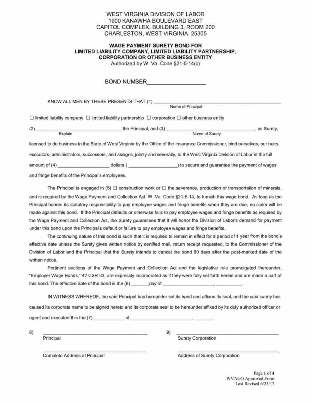 West Virginia Wage Payment Collection (Business Entity) Bond Form