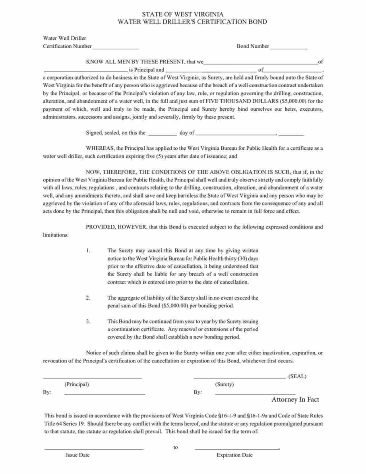 West Virginia Water Well Driller's Certification Bond Form