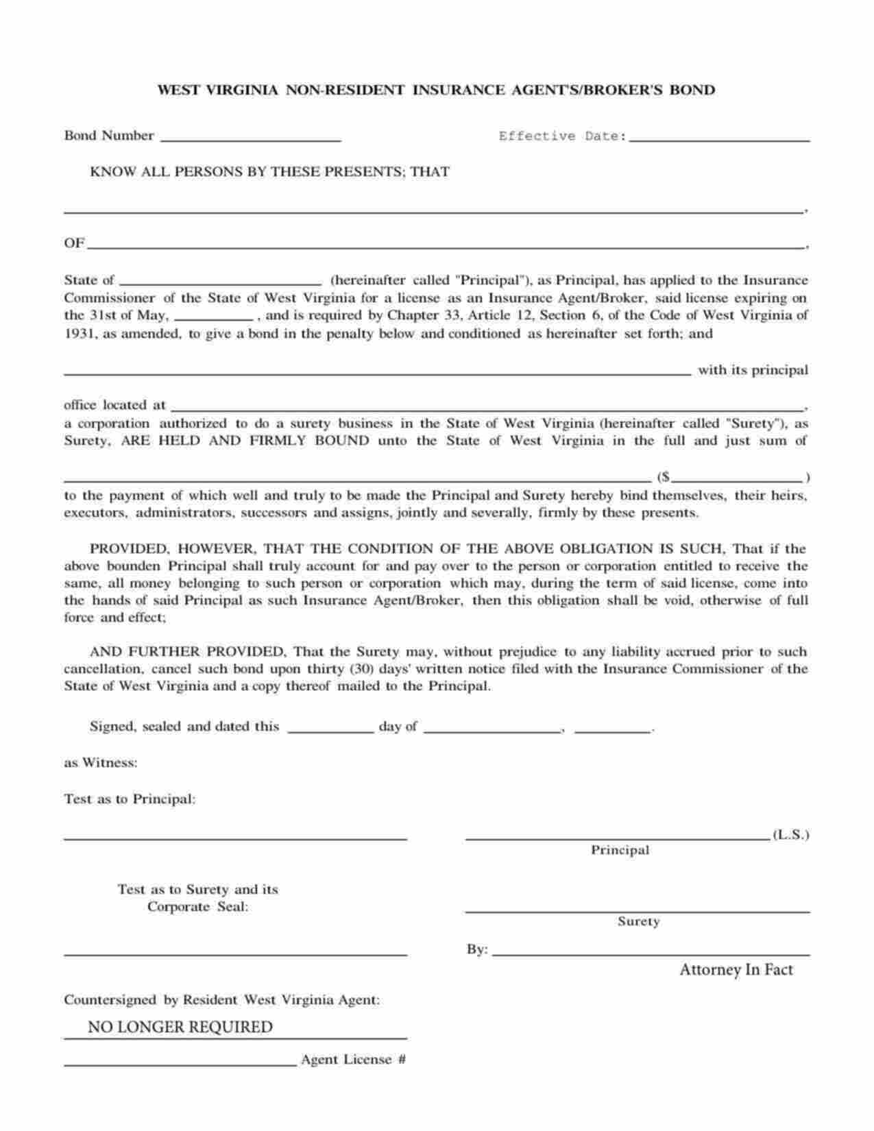 West Virginia Non-Resident Insurance Agent/Broker Bond Form