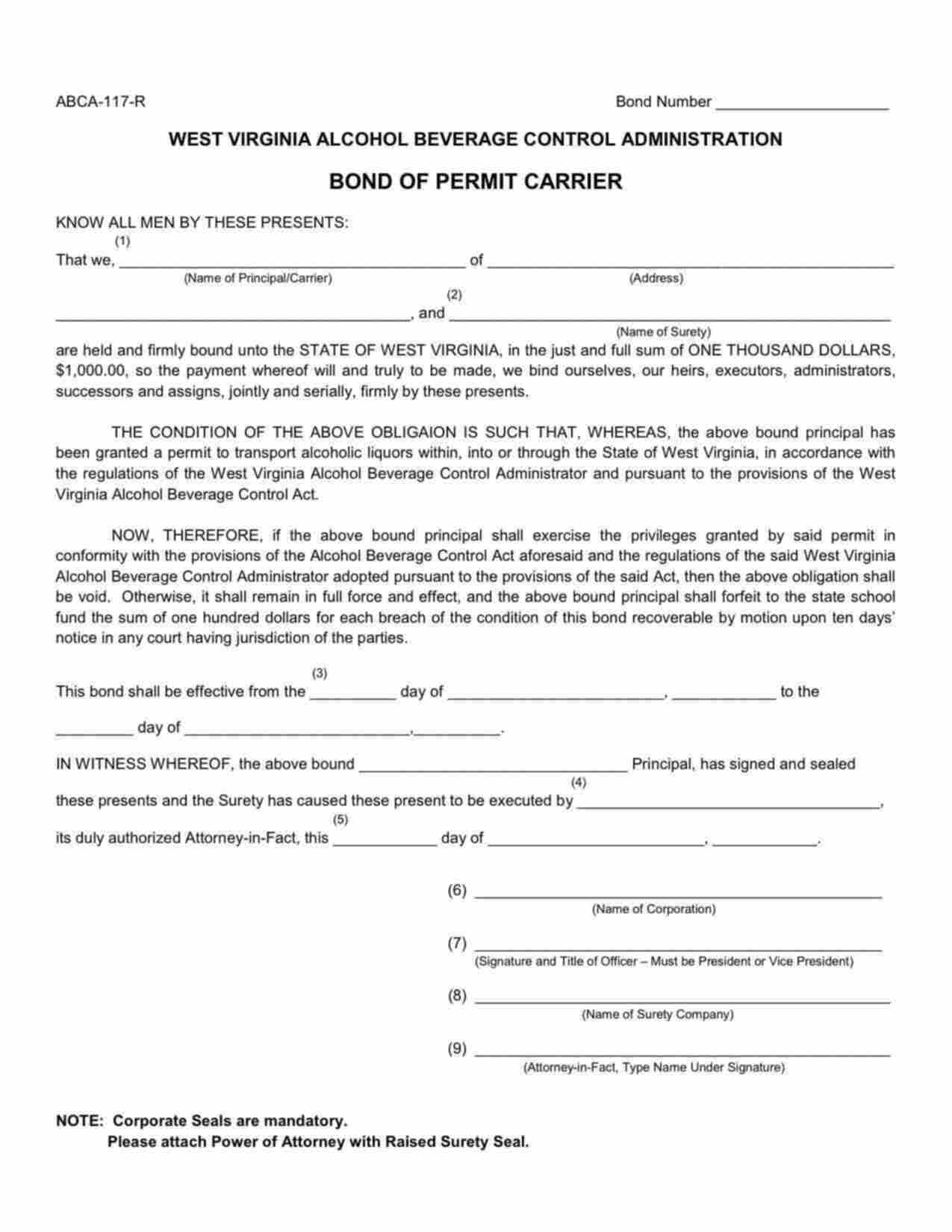 West Virginia Liquor Transport Permit Carrier Bond Form