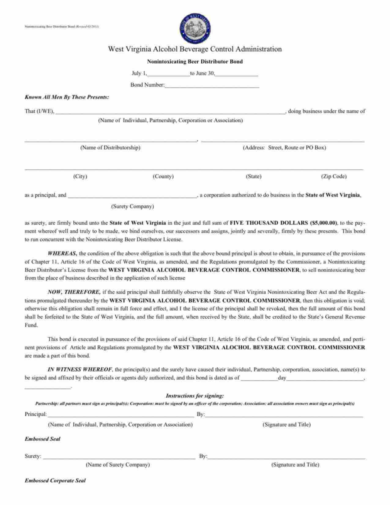 West Virginia Nonintoxicating Beer Distributor Bond Form