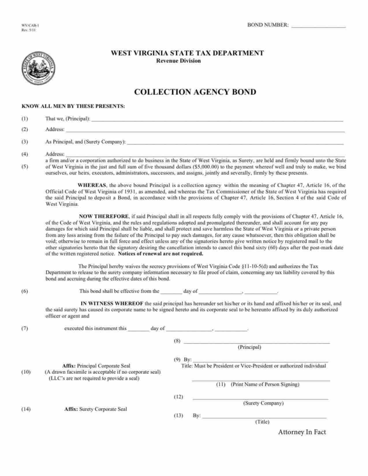 West Virginia Collection Agency Bond Form