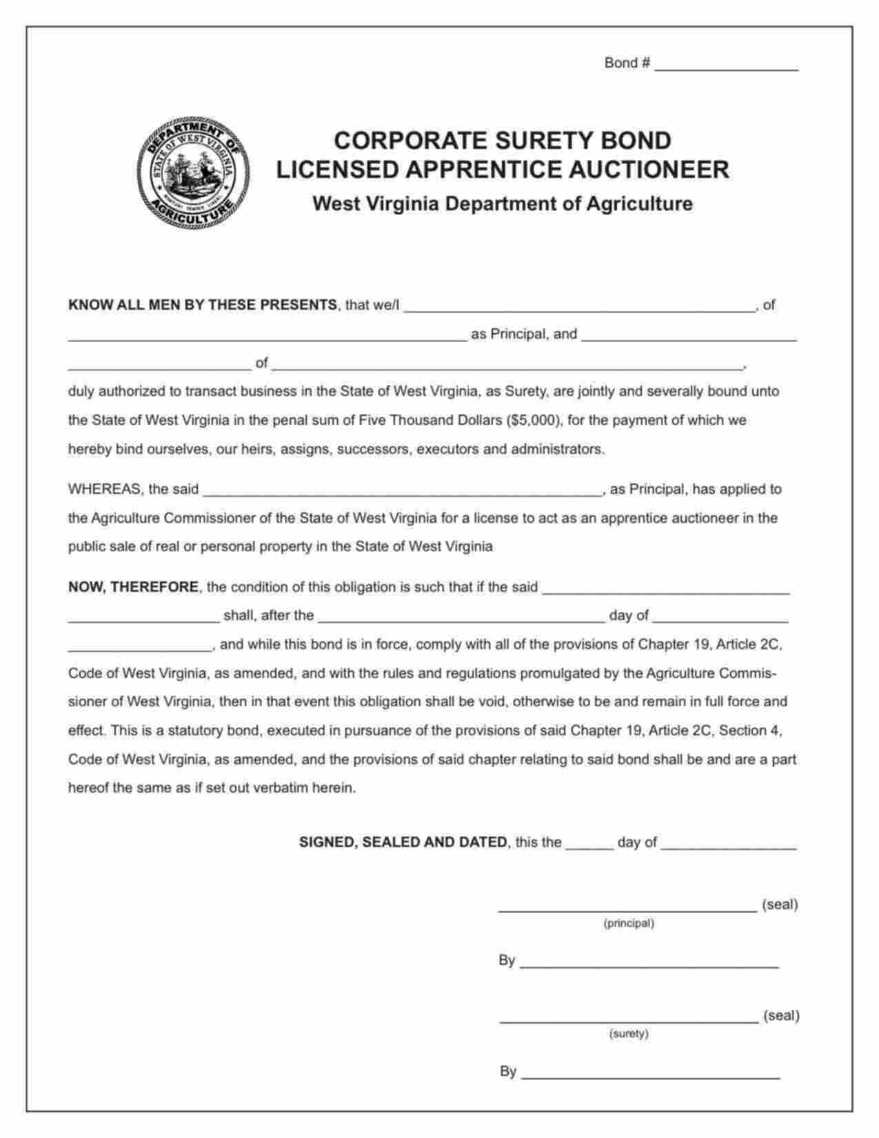 West Virginia Apprentice Auctioneer Bond Form