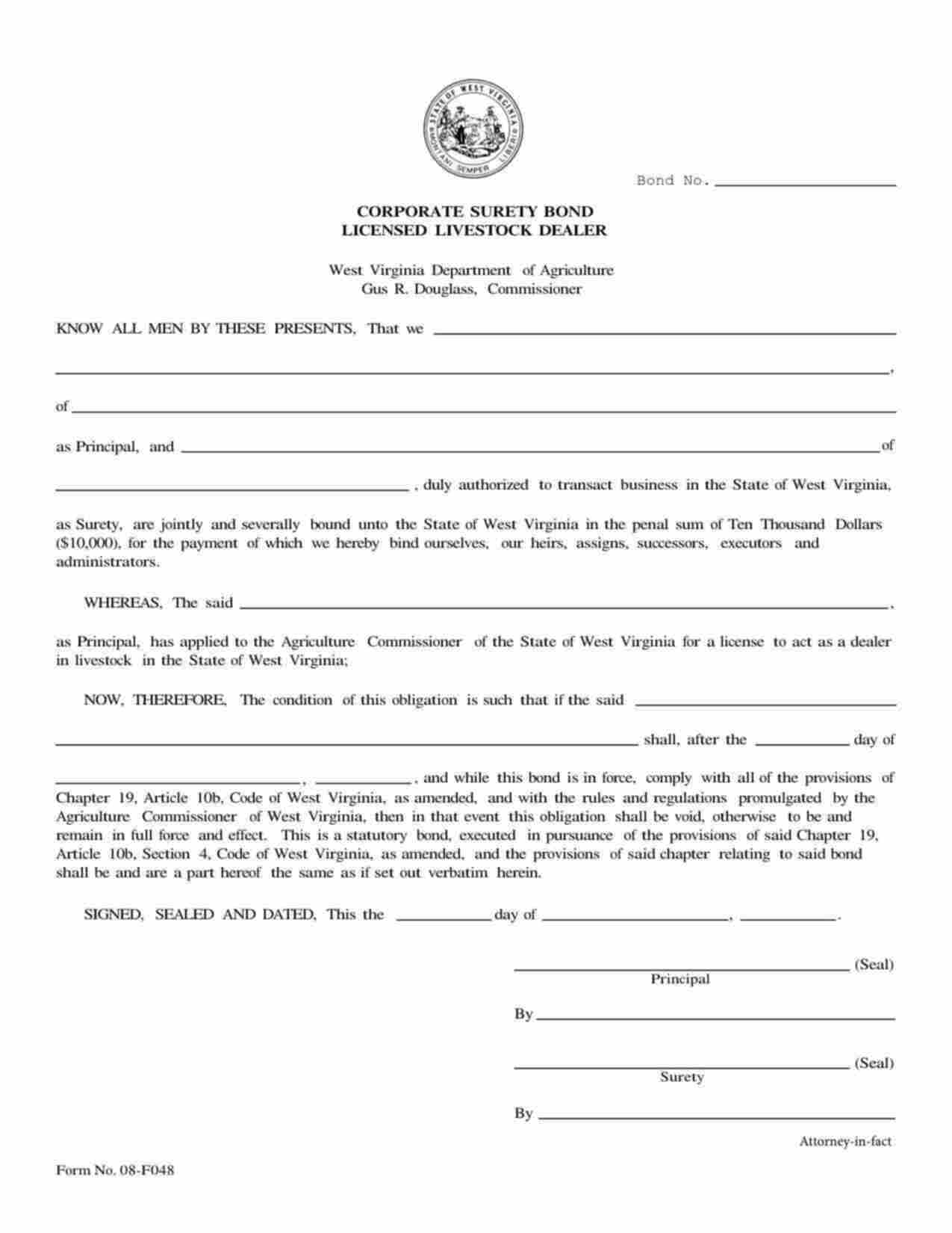 West Virginia Licensed Livestock Dealer Bond Form