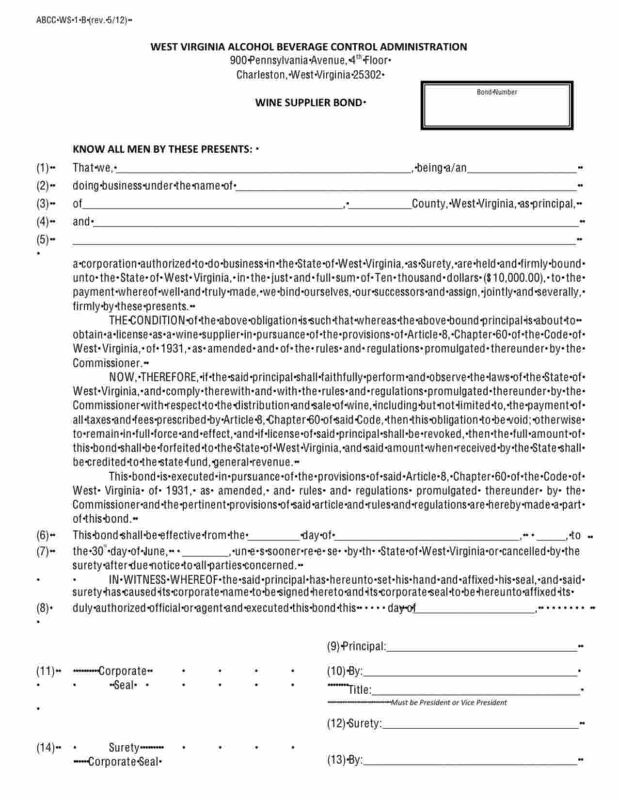 West Virginia Wine Supplier Bond Form