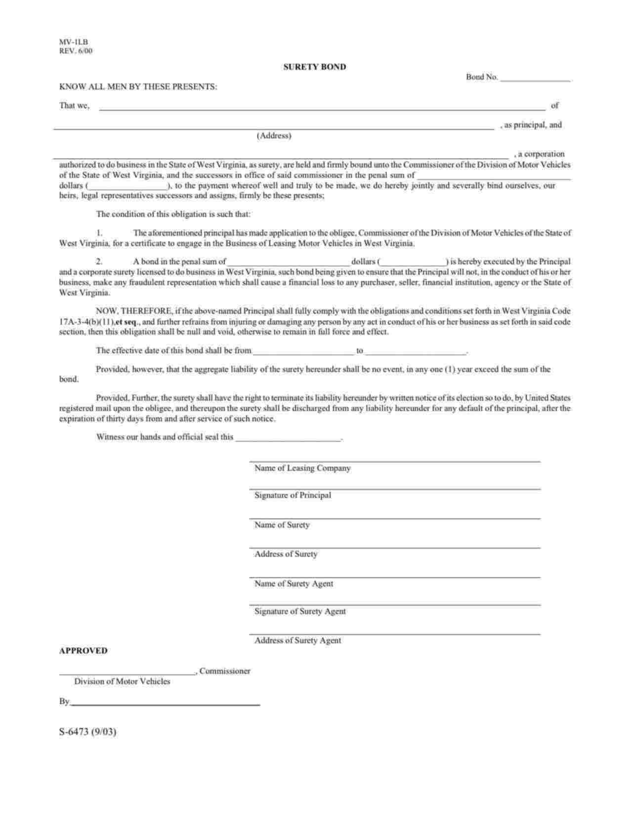 West Virginia Motor Vehicle Leasing Bond Form