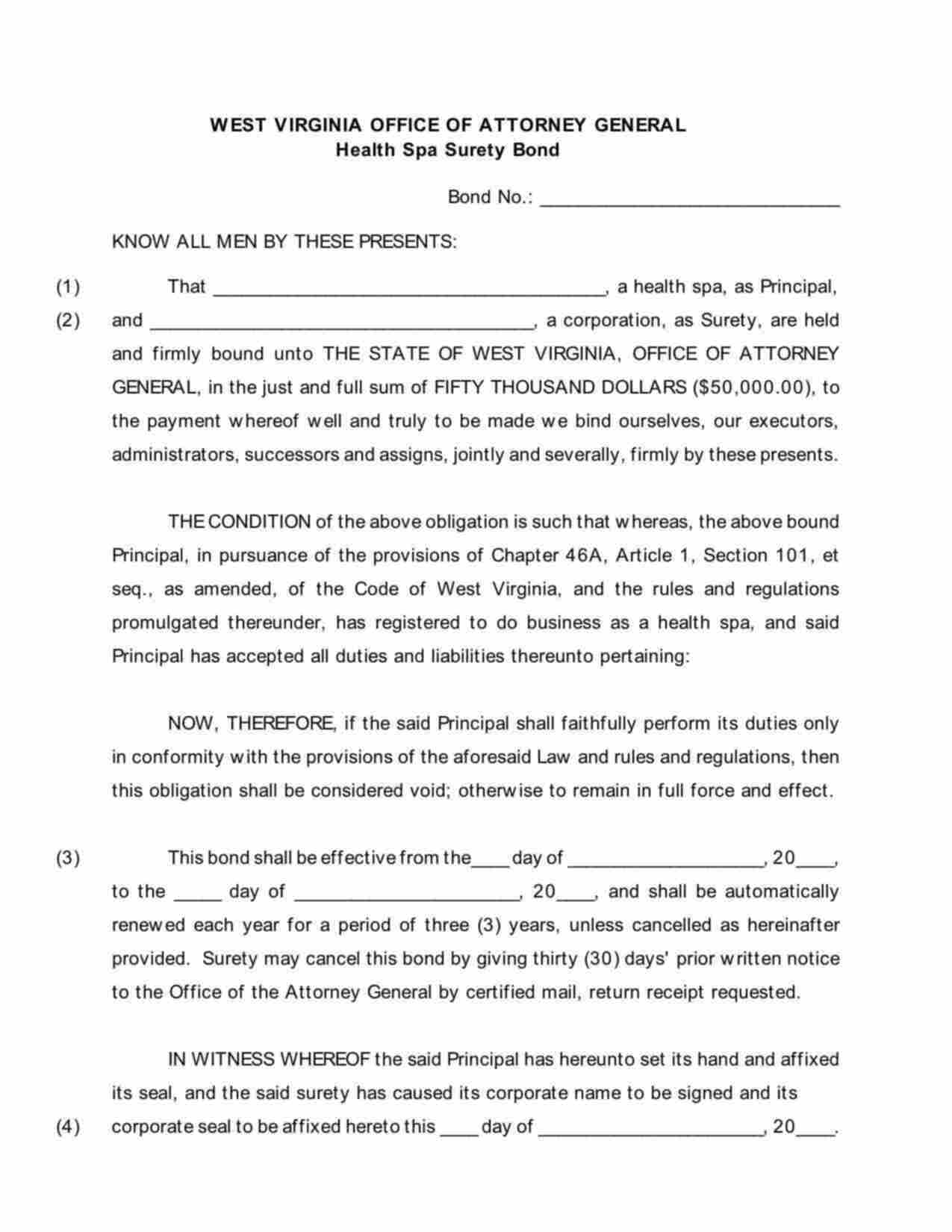 West Virginia Health Spa Bond Form