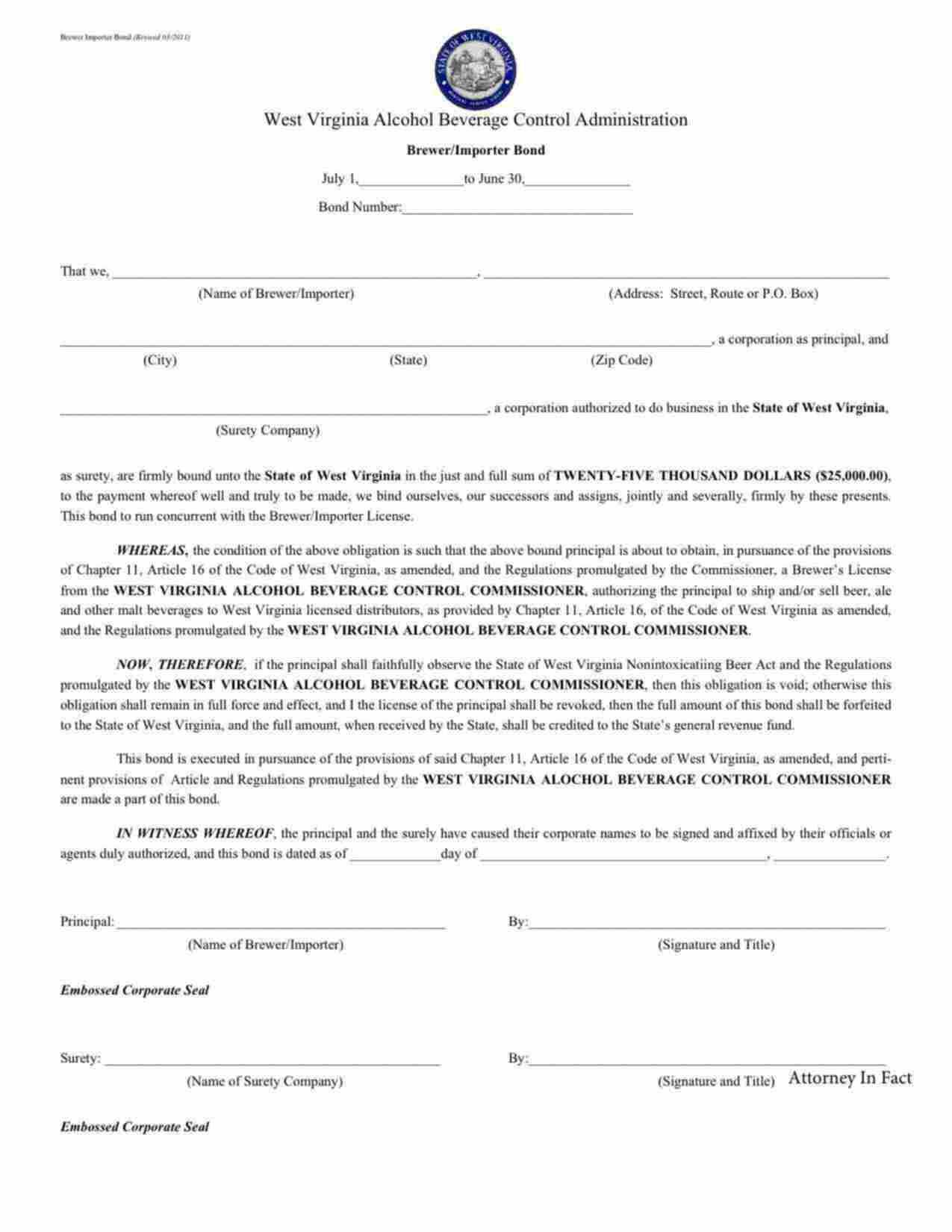 West Virginia Brewer/Importer Bond Form