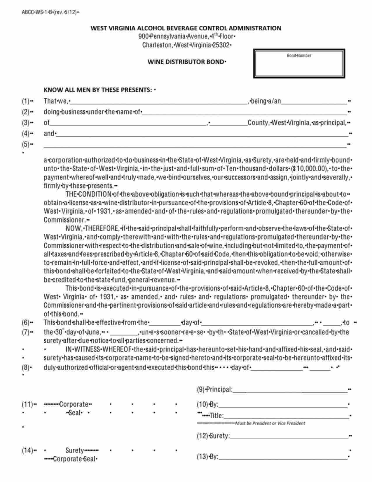 West Virginia Wine Distributor Bond Form