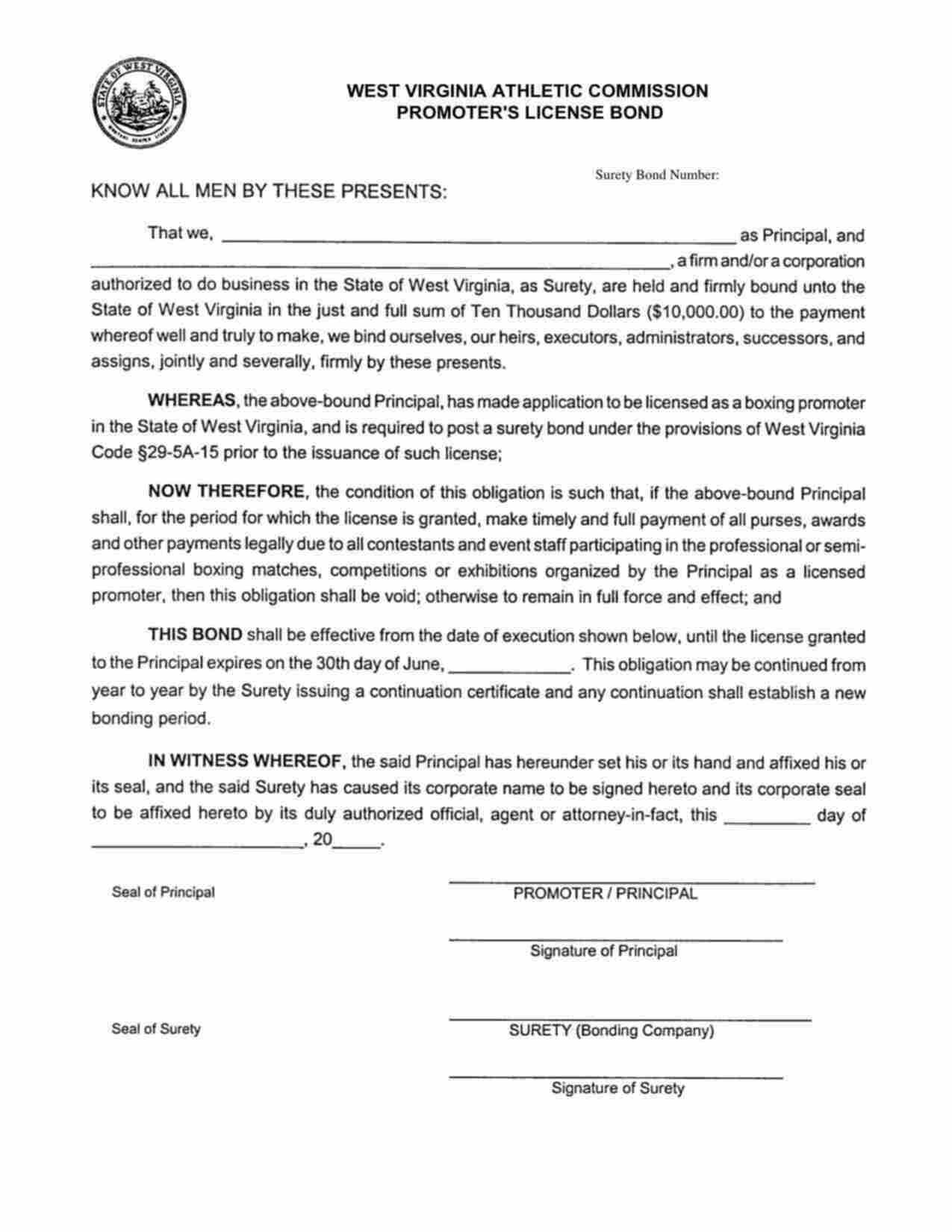 West Virginia Promoter's License Bond Form