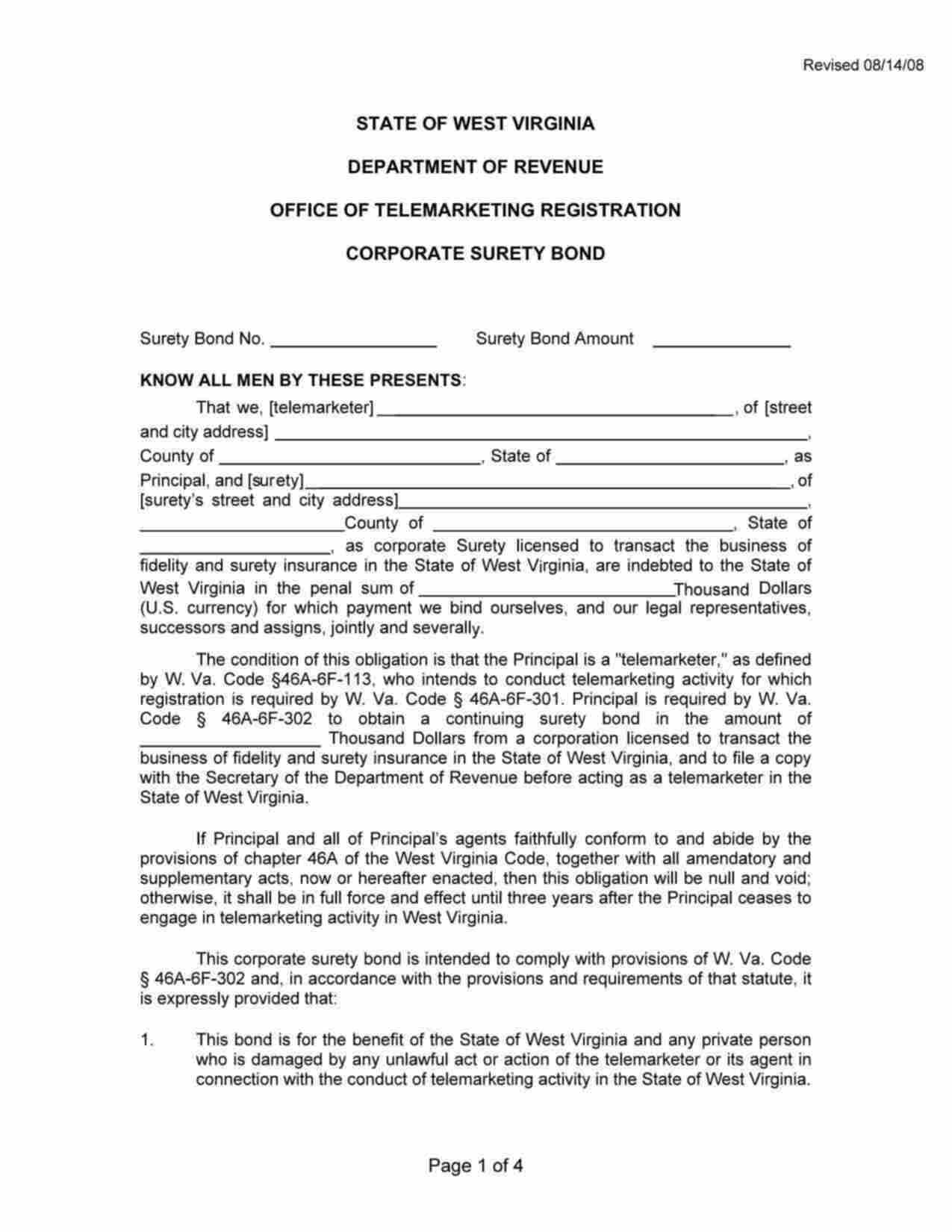 West Virginia Telemarketer Registration Bond Form