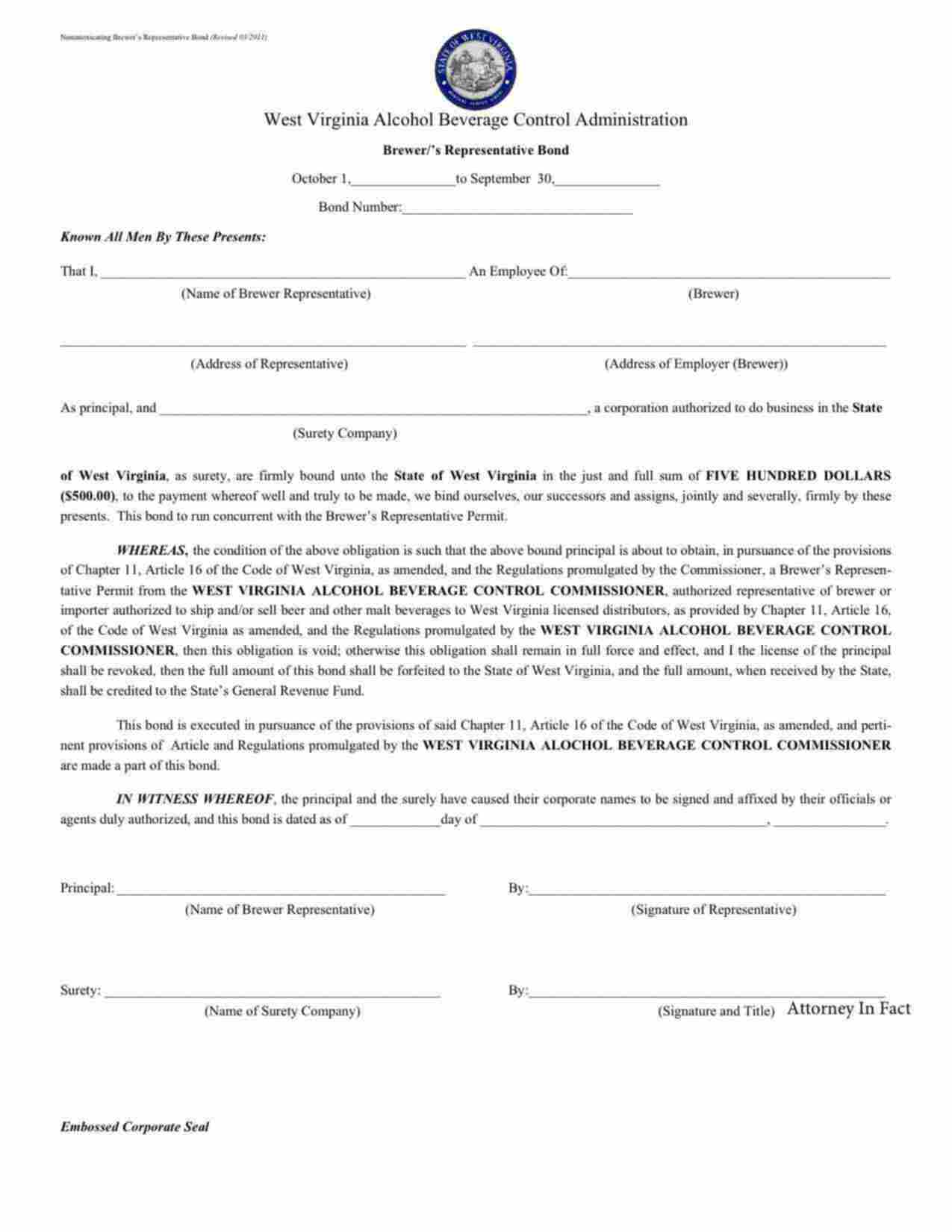 West Virginia Brewer's Representative Bond Form