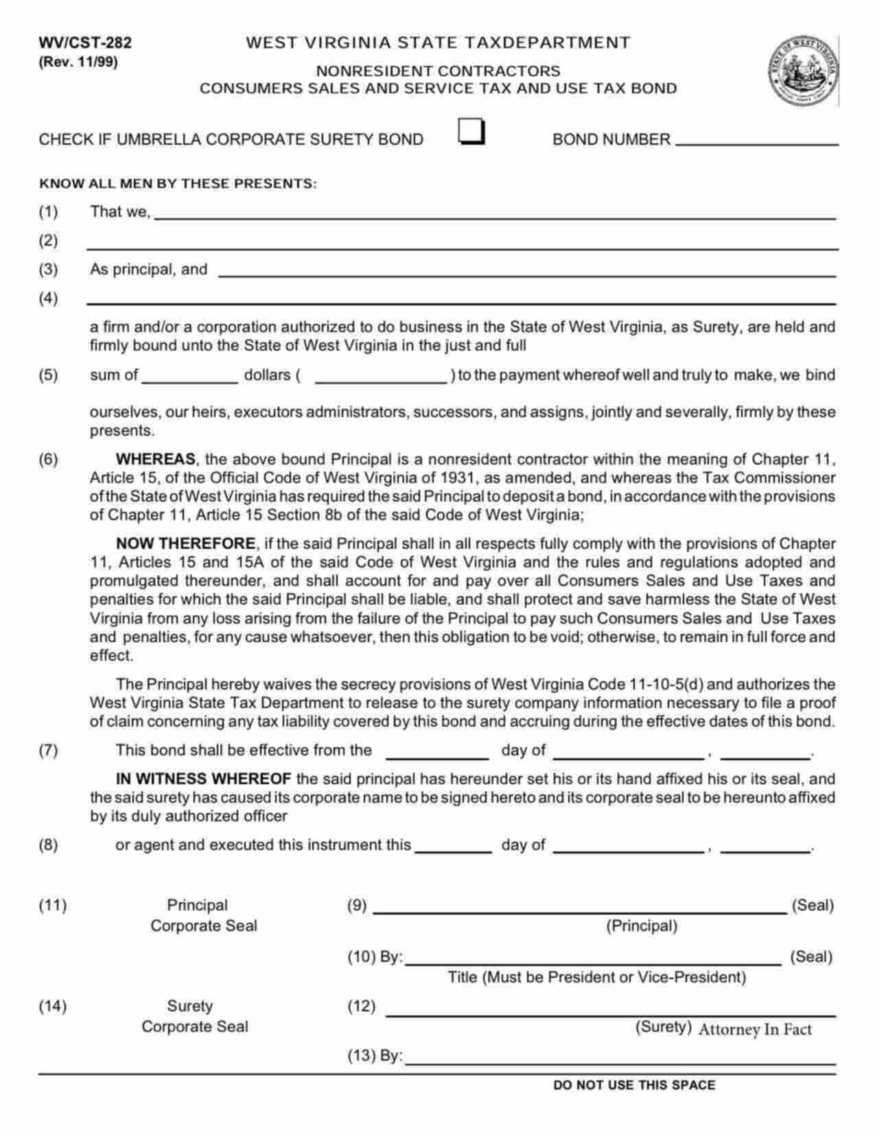 West Virginia Nonresident Contractors Consumers Sales/Use Tax Bond Form