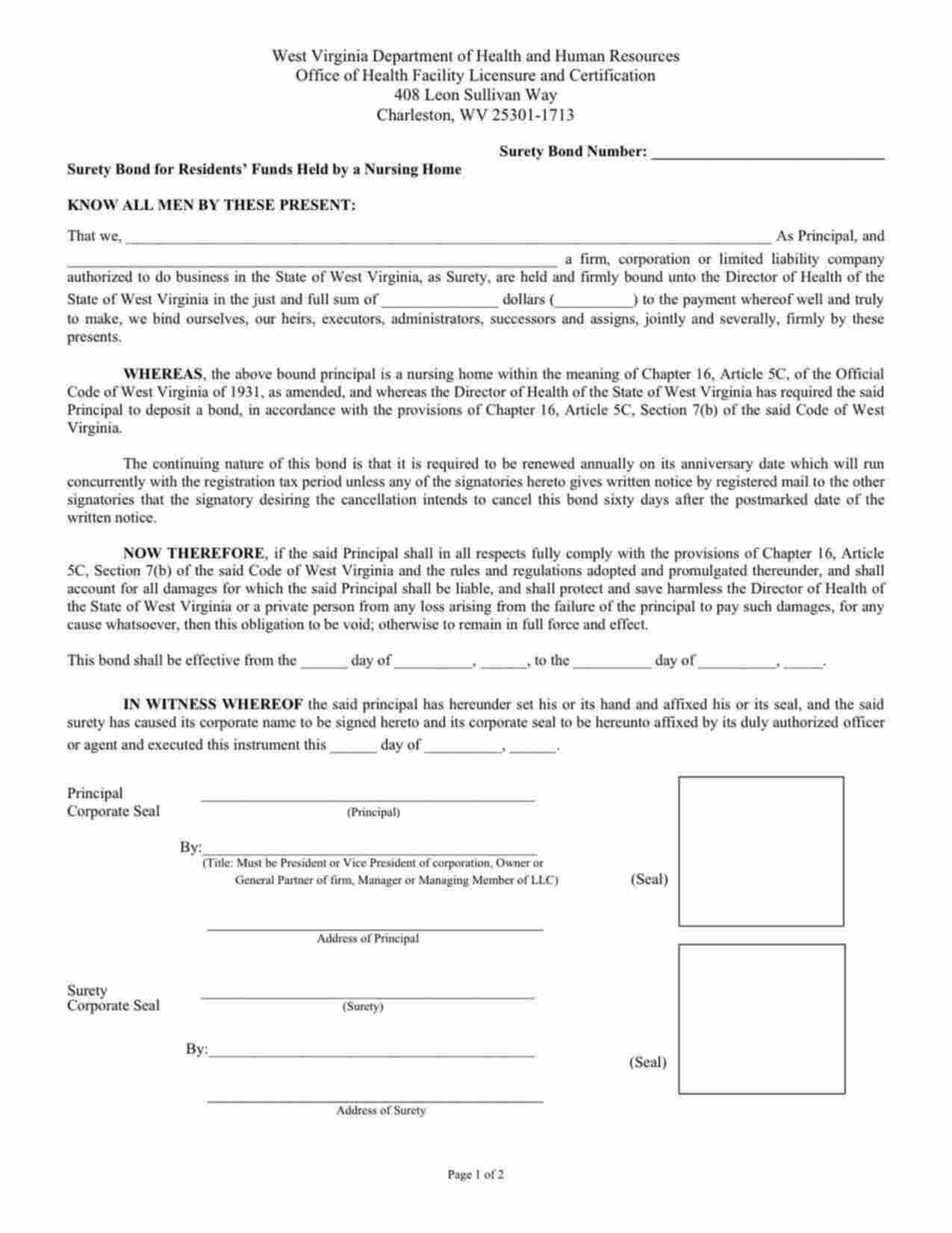 West Virginia Nursing Facility Resident's Fund Bond Form