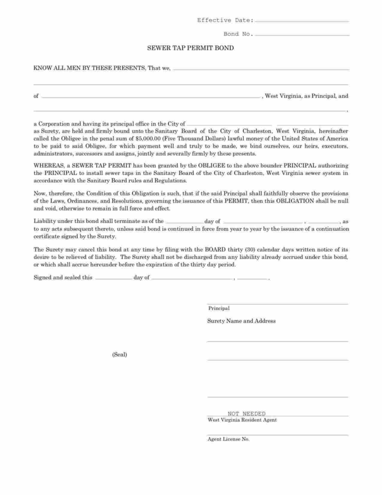 West Virginia Sewer Tap Permit Bond Form