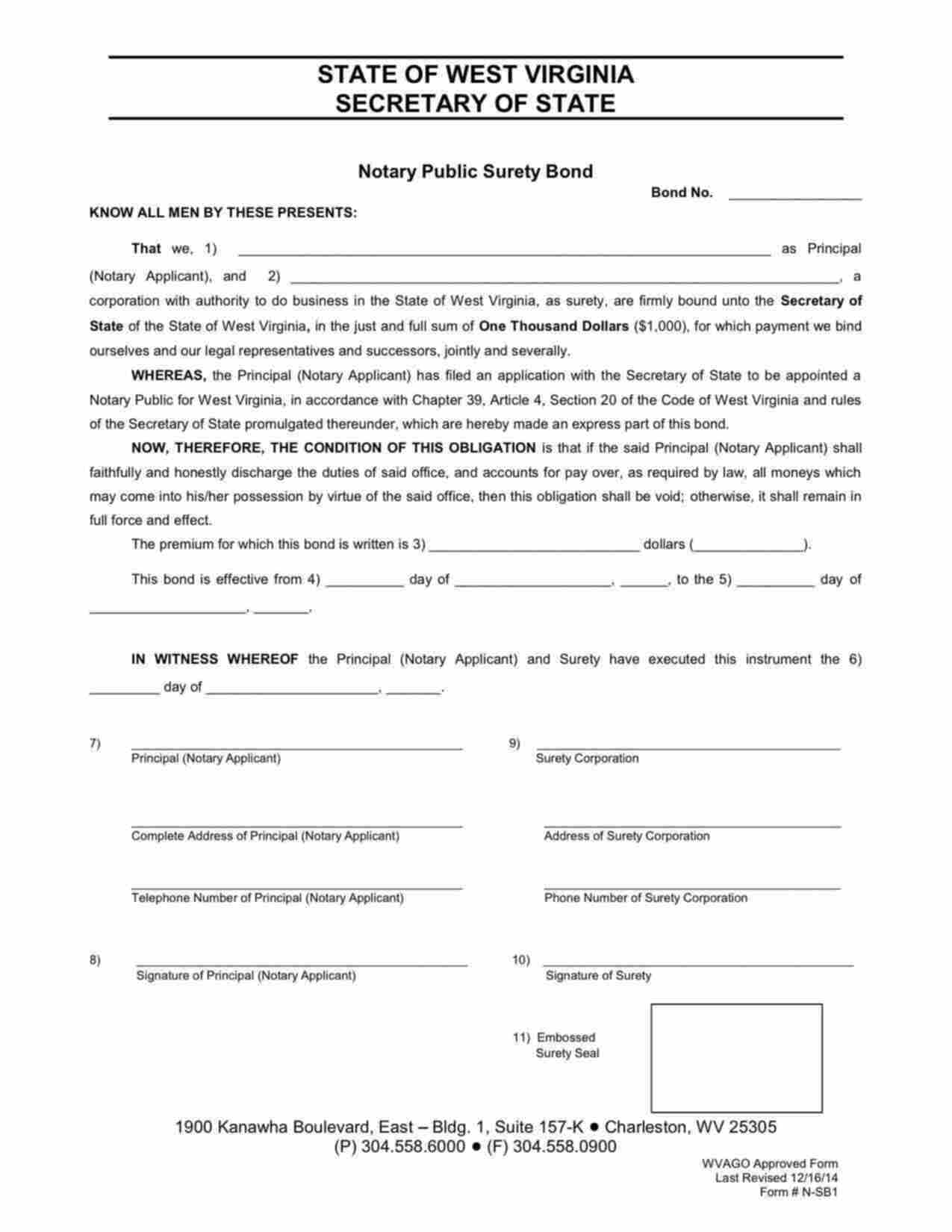 West Virginia Notary Public (No Longer Required) Bond Form
