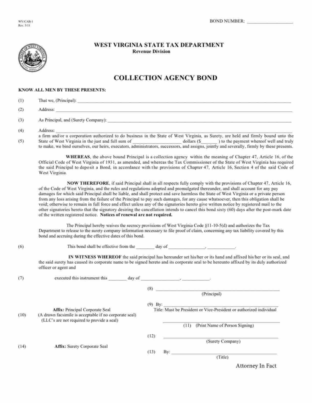 West Virginia Collection Agency Bond Form