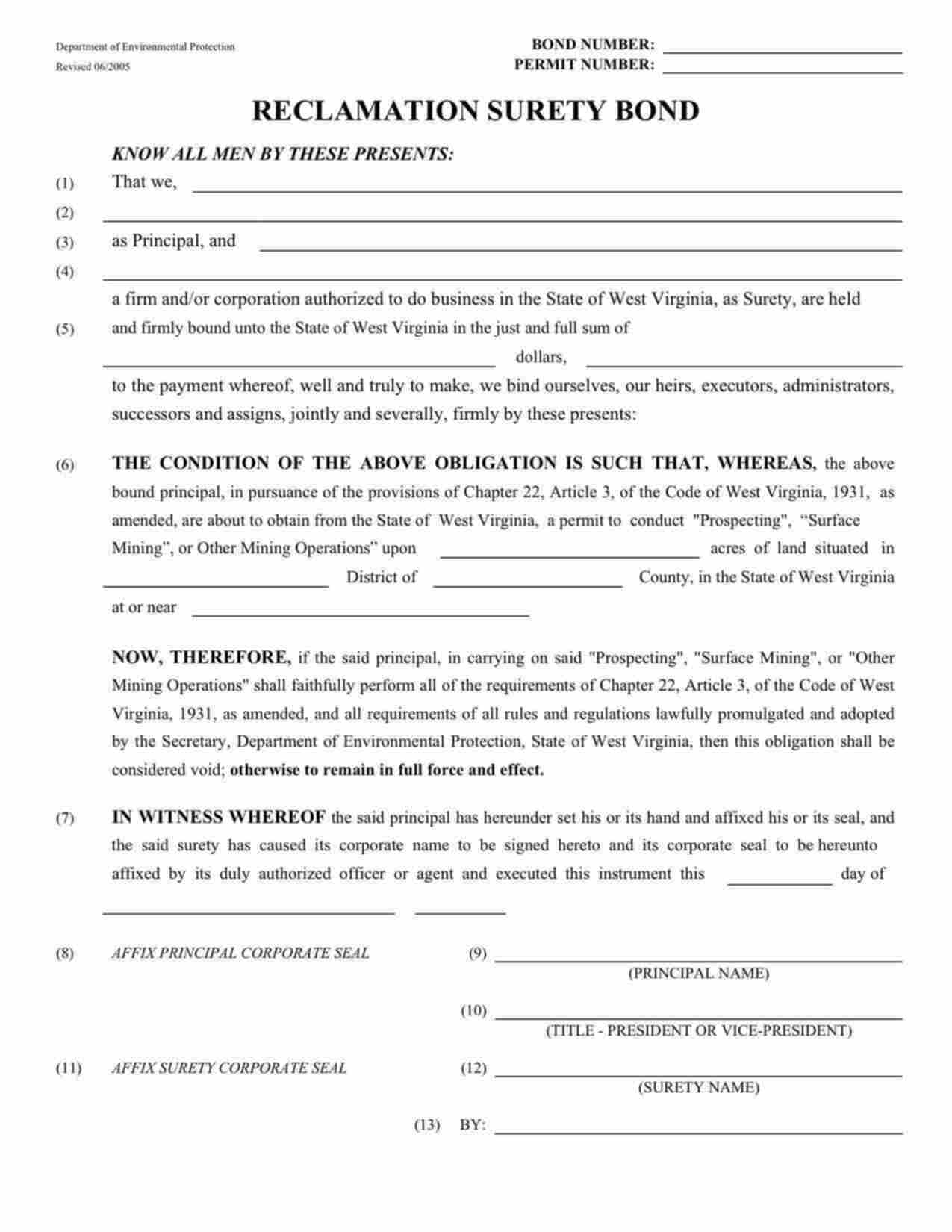 West Virginia Reclamation: Prospecting, Surface Mining or Other Mining Operations Bond Form