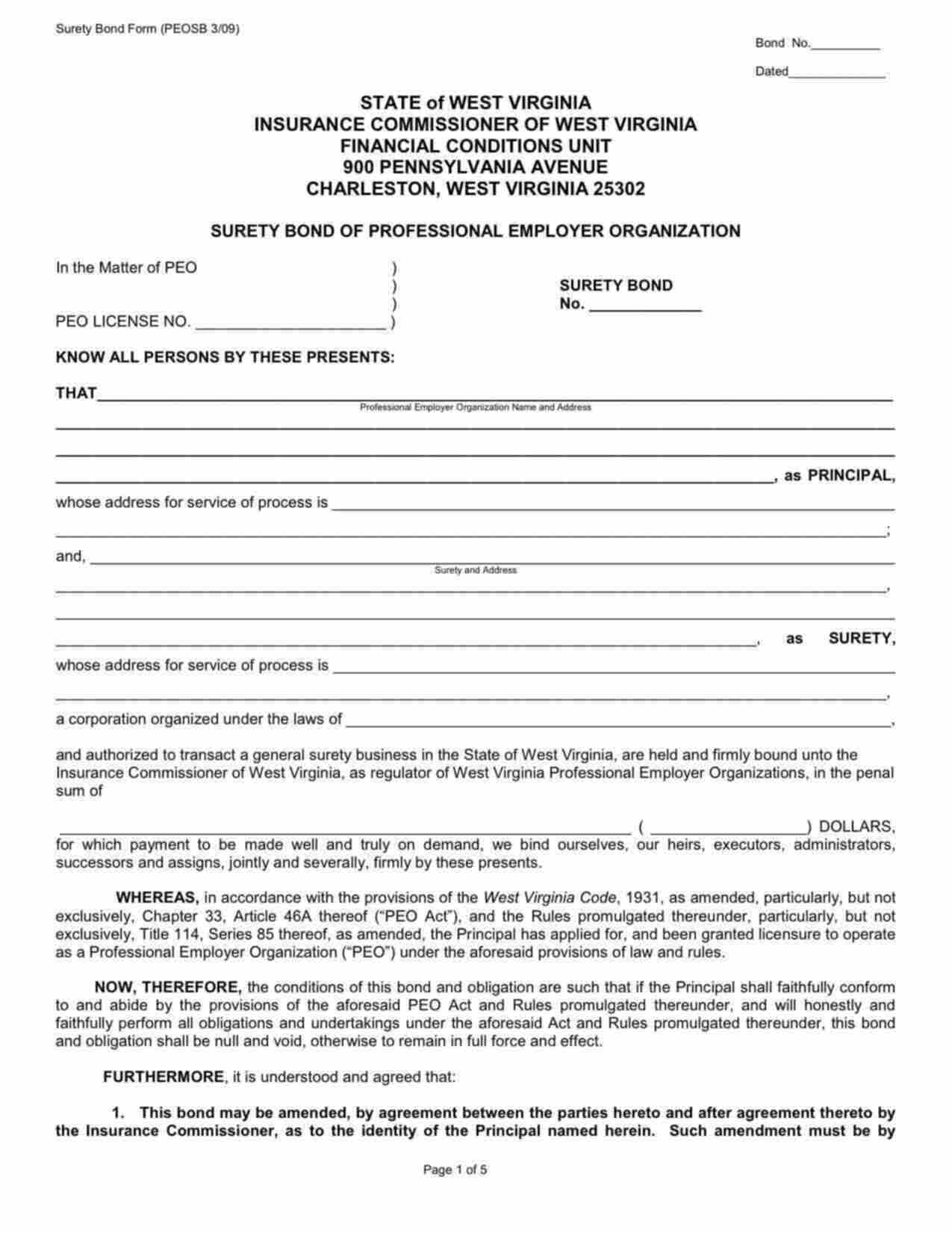 West Virginia Professional Employer Organization Bond Form