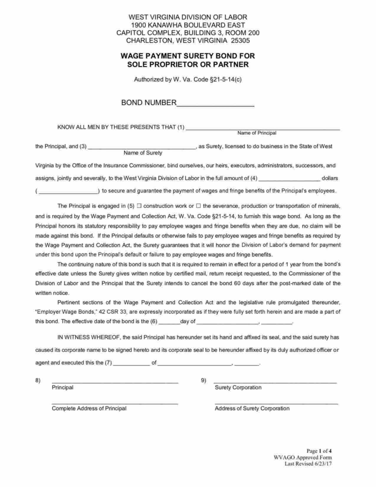 West Virginia Wage Payment Collection (Sole Proprietor or Partner) Bond Form