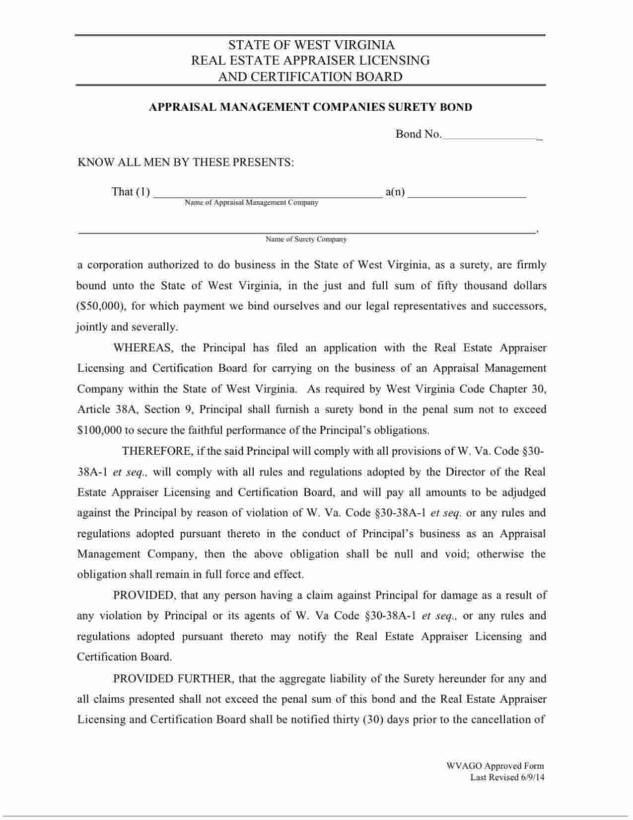 West Virginia Appraisal Management Company Bond Form