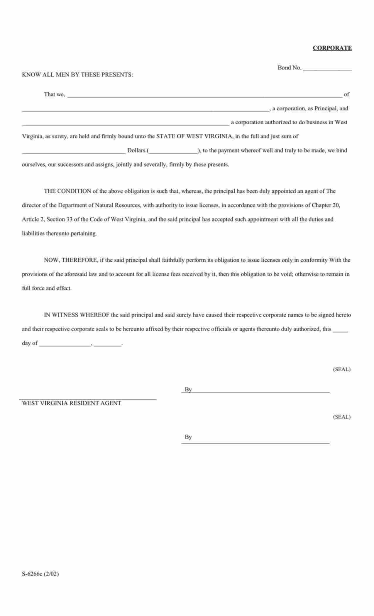 West Virginia Hunting/Fishing License (Corporate) Bond Form