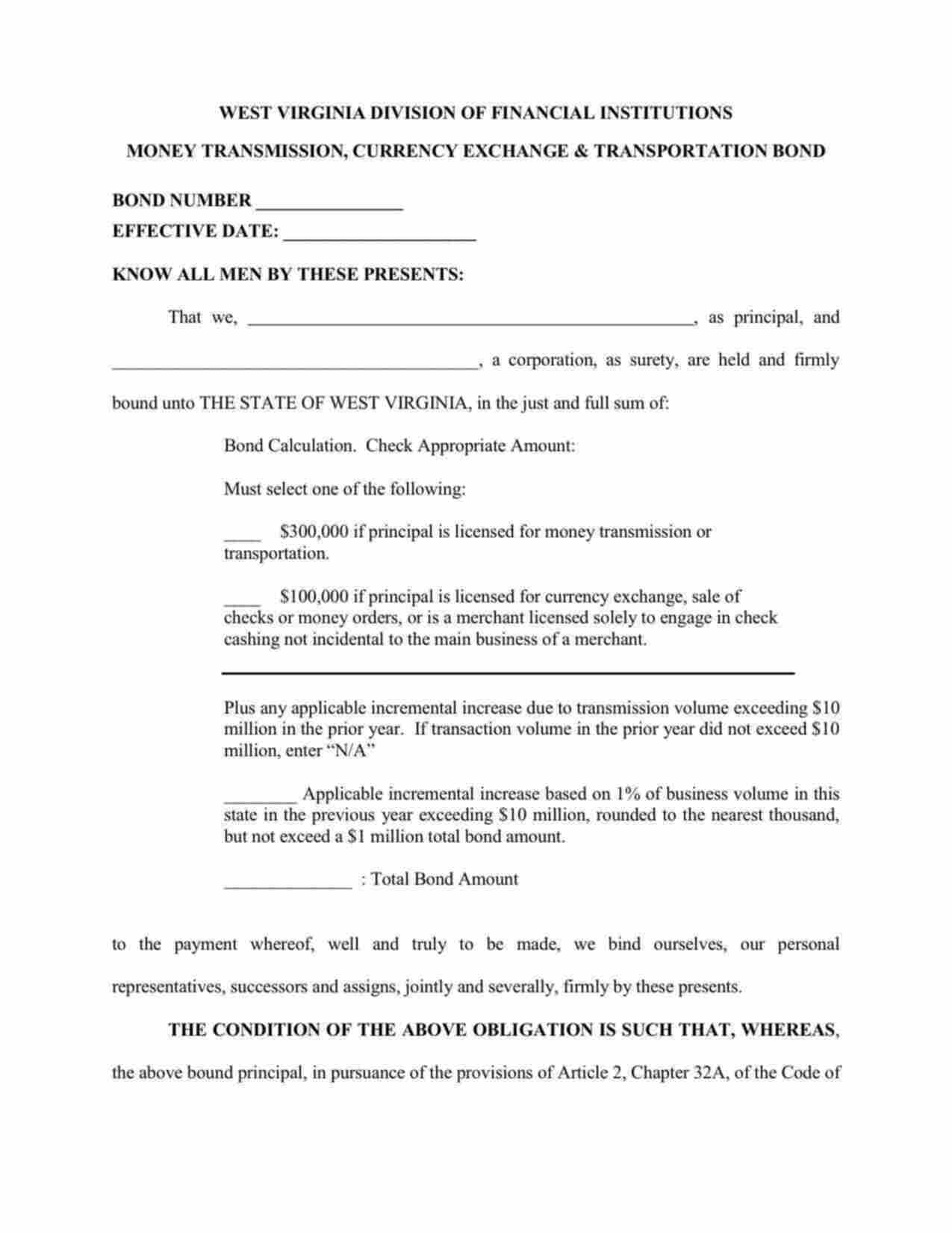 West Virginia Money Transmitter License Bond Form