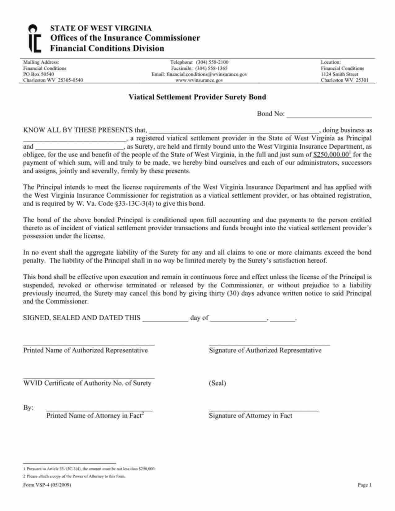 West Virginia Viatical Settlement Provider Bond Form