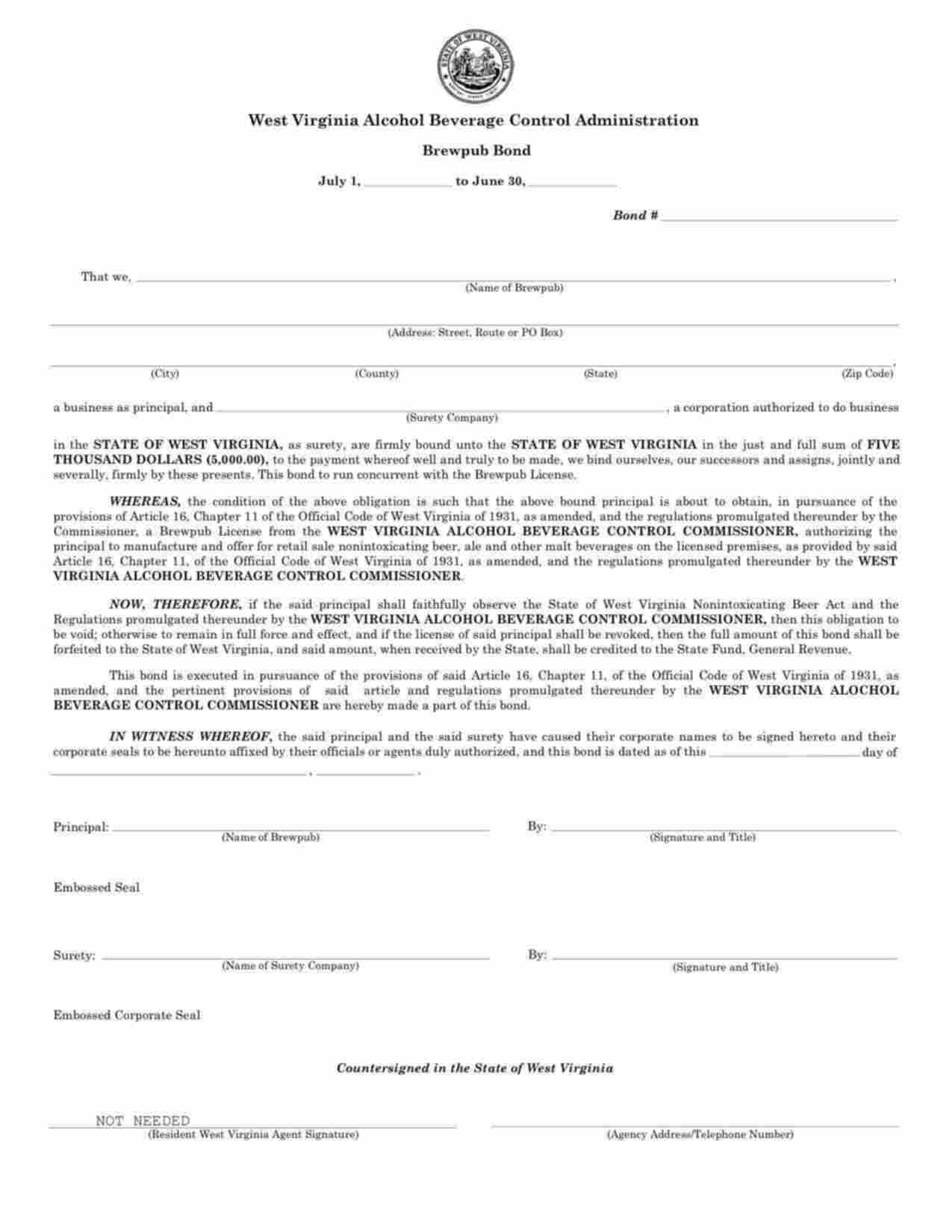 West Virginia Brewpub Bond Form